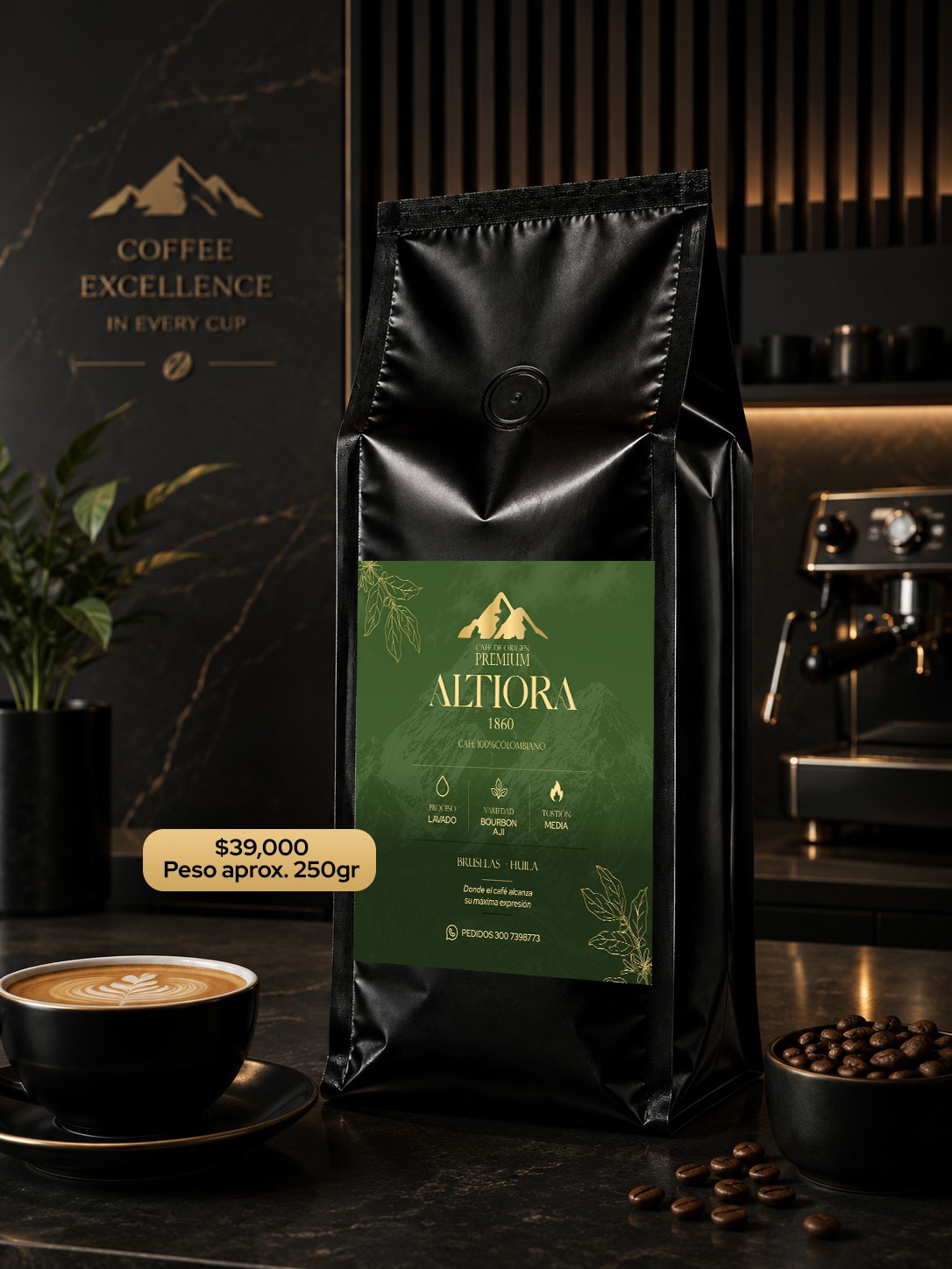 Bolsa verde de café Altiora variedad Bourbon Ají