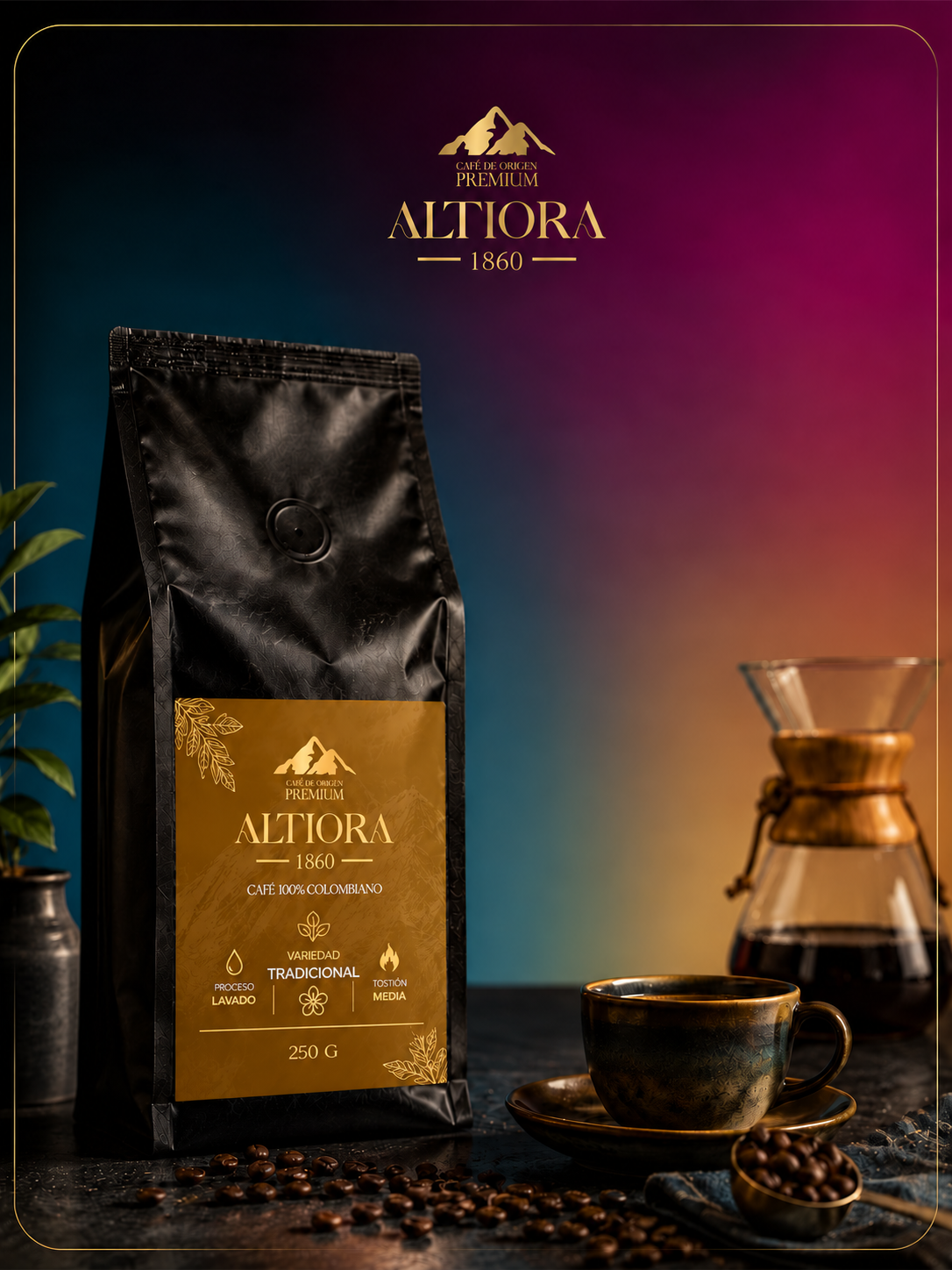 Bolsa de café Altiora variedad Tradicional con etiqueta color ocre